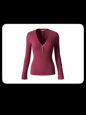 Free People Ribbed Henley Long Sleeve Top in Berry Plum